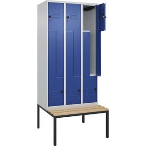 C+P Z-kledingkast Classic PLUS met zitbank, 3 compartimenten, lichtgrijs / gentiaanblauw, b = 900 mm, veiligheidsdraaigrendel, ondergebouwd, beuken-hardhout
