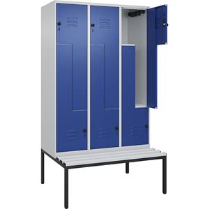 C+P Z-kledingkast Classic PLUS met zitbank, 3 compartimenten, lichtgrijs / gentiaanblauw, b = 1200 mm, veiligheidsdraaigrendel, ondergebouwd, kunststof