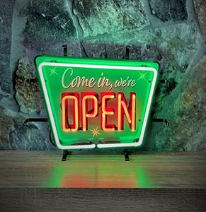 Fiftiesstore Come In We're Open Neon Verlichting 40 x 33 cm - Groen