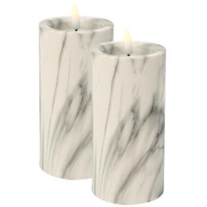 Christmas Decoration LED kaars/stompkaars - 2x st- wit/grijs marmer look - D7,5 x H15 cm -