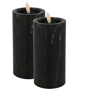 Christmas Decoration LED kaars/stompkaars - 2x st- zwart marmer look - D7,5 x H15 cm -