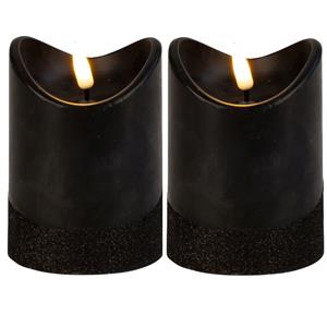 Merkloos Led wax stompkaarsen - 2x - zwart - H10 x D7,5 cm - warm wit licht - 3D lont -