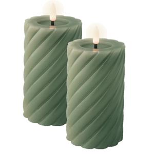 Lumineo Luxe LED kaarsen/stompkaarsen - 2x - groen - D7,5 x H15 cm - timer -