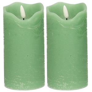 Stern fabrik LED kaars/stompkaars - 2x - mintgroen - D7,5 x H15 cm - timer - 3D vlam -
