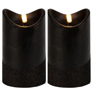 Merkloos Led wax stompkaarsen - 2x - zwart - H12,5 x D7,5 cm - warm wit licht - 3D lont -