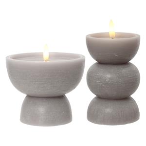 Lumineo Luxe LED kaarsen - set 2x - grijs - D7,5 x H14,5 cm en D10 x H12,5 cm - vaas vorm - timer -