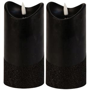 Merkloos Led wax stompkaarsen - 2x - zwart - H15 x D7,5 cm - warm wit licht - 3D lont -