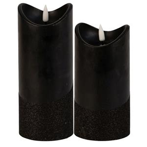 Merkloos LED stompkaarsen - set 2x st - zwart - warm wit licht - wax - H15 en H17,5 cm -