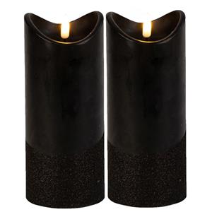 Merkloos Led wax stompkaarsen - 2x - zwart - H17,5 x D7,5 cm - warm wit licht - 3D lont -
