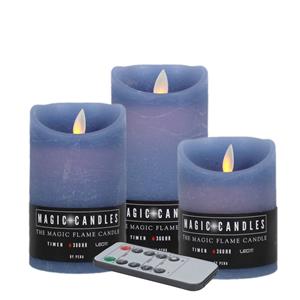 Magic Flame LED kaarsen/stompkaarsen set - 3x stuks - ijsblauw - afstandsbediening -