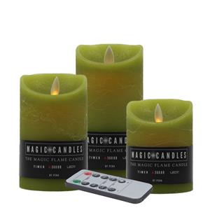 Magic Flame LED kaarsen/stompkaarsen set - 3x stuks - mos groen - afstandsbediening -