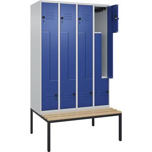 C+P Z-kledingkast Classic PLUS met zitbank, 4 compartimenten, lichtgrijs / gentiaanblauw, b = 1200 mm, veiligheidsdraaigrendel, ondergebouwd, beuken-hardhout