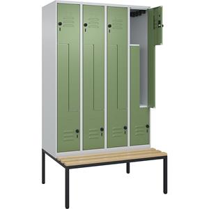 C+P Z-kledingkast Classic PLUS met zitbank, 4 compartimenten, lichtgrijs / resedagroen, b = 1200 mm, veiligheidsdraaigrendel, ondergebouwd, beuken-hardhout