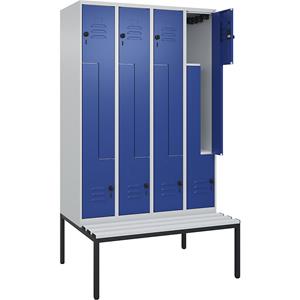 C+P Z-kledingkast Classic PLUS met zitbank, 4 compartimenten, lichtgrijs / gentiaanblauw, b = 1200 mm, veiligheidsdraaigrendel, ondergebouwd, kunststof