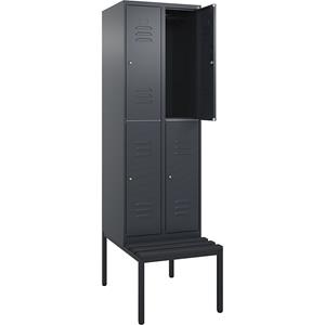 C+P Kledingkast Classic PLUS met twee verdiepingen en zitbank, 2 compartimenten, grijs, b = 600 mm, cilinderslot, ondergebouwd, kunststof