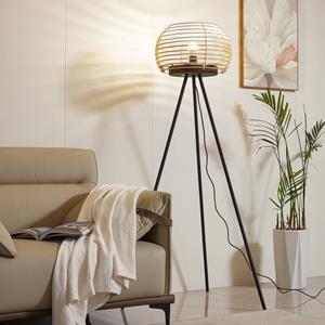 LINDBY vloerlamp Ediz, zwart, hout, 159 cm hoog, E27