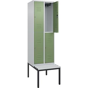 C+P Kledingkast Classic PLUS met twee verdiepingen en zitbank, 2 compartimenten, lichtgrijs / resedagroen, b = 600 mm, cilinderslot, ondergebouwd, kunststof