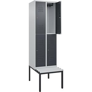 C+P Kledingkast Classic PLUS met twee verdiepingen en zitbank, 2 compartimenten, lichtgrijs / grijs, b = 600 mm, cilinderslot, ondergebouwd, kunststof
