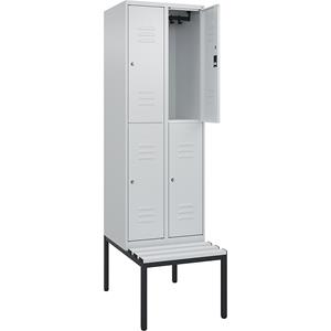 C+P Kledingkast Classic PLUS met twee verdiepingen en zitbank, 2 compartimenten, lichtgrijs, b = 600 mm, cilinderslot, ondergebouwd, kunststof