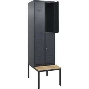 C+P Kledingkast Classic PLUS met twee verdiepingen en zitbank, 2 compartimenten, grijs, b = 600 mm, cilinderslot, ondergebouwd, beuken-hardhout