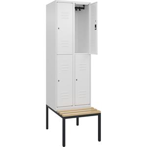 C+P Kledingkast Classic PLUS met twee verdiepingen en zitbank, 2 compartimenten, verkeerswit, b = 600 mm, cilinderslot, ondergebouwd, beuken-hardhout