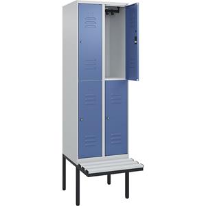 C+P Kledingkast Classic PLUS met twee verdiepingen en zitbank, 2 compartimenten, lichtgrijs / verblauw, b = 600 mm, cilinderslot, vrijdragend, kunststof