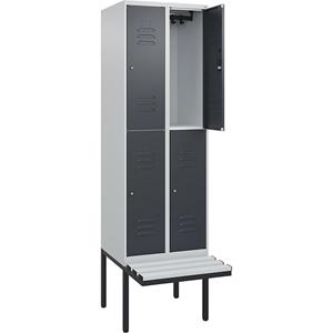 C+P Kledingkast Classic PLUS met twee verdiepingen en zitbank, 2 compartimenten, lichtgrijs / grijs, b = 600 mm, cilinderslot, vrijdragend, kunststof