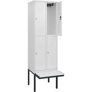 C+P Kledingkast Classic PLUS met twee verdiepingen en zitbank, 2 compartimenten, verkeerswit, b = 600 mm, cilinderslot, vrijdragend, kunststof