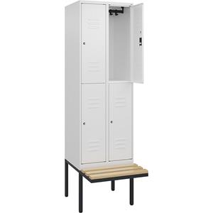 C+P Kledingkast Classic PLUS met twee verdiepingen en zitbank, 2 compartimenten, verkeerswit, b = 600 mm, cilinderslot, vrijdragend, beuken-hardhout