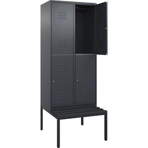 C+P Kledingkast Classic PLUS met twee verdiepingen en zitbank, 2 compartimenten, grijs, b = 800 mm, cilinderslot, ondergebouwd, kunststof