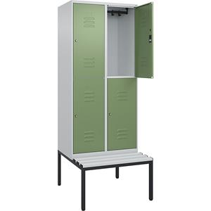 C+P Kledingkast Classic PLUS met twee verdiepingen en zitbank, 2 compartimenten, lichtgrijs / resedagroen, b = 800 mm, cilinderslot, ondergebouwd, kunststof