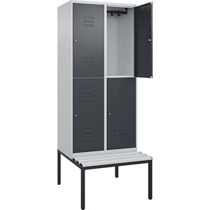 C+P Kledingkast Classic PLUS met twee verdiepingen en zitbank, 2 compartimenten, lichtgrijs / grijs, b = 800 mm, cilinderslot, ondergebouwd, kunststof