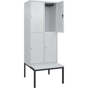 C+P Kledingkast Classic PLUS met twee verdiepingen en zitbank, 2 compartimenten, lichtgrijs, b = 800 mm, cilinderslot, ondergebouwd, kunststof