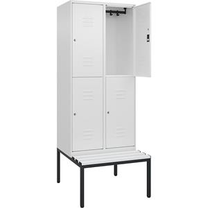 C+P Kledingkast Classic PLUS met twee verdiepingen en zitbank, 2 compartimenten, verkeerswit, b = 800 mm, cilinderslot, ondergebouwd, kunststof