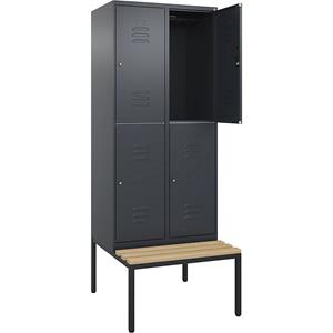 C+P Kledingkast Classic PLUS met twee verdiepingen en zitbank, 2 compartimenten, grijs, b = 800 mm, cilinderslot, ondergebouwd, beuken-hardhout