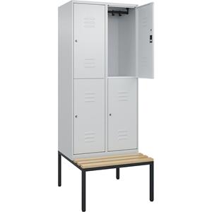 C+P Kledingkast Classic PLUS met twee verdiepingen en zitbank, 2 compartimenten, lichtgrijs, b = 800 mm, cilinderslot, ondergebouwd, beuken-hardhout