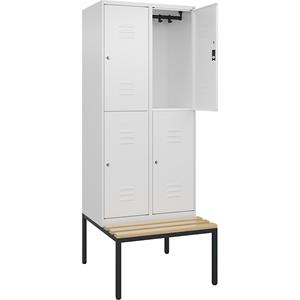 C+P Kledingkast Classic PLUS met twee verdiepingen en zitbank, 2 compartimenten, verkeerswit, b = 800 mm, cilinderslot, ondergebouwd, beuken-hardhout
