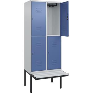 C+P Kledingkast Classic PLUS met twee verdiepingen en zitbank, 2 compartimenten, lichtgrijs / verblauw, b = 800 mm, cilinderslot, vrijdragend, kunststof