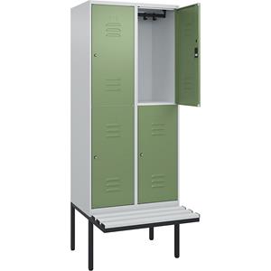 C+P Kledingkast Classic PLUS met twee verdiepingen en zitbank, 2 compartimenten, lichtgrijs / resedagroen, b = 800 mm, cilinderslot, vrijdragend, kunststof