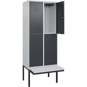 C+P Kledingkast Classic PLUS met twee verdiepingen en zitbank, 2 compartimenten, lichtgrijs / grijs, b = 800 mm, cilinderslot, vrijdragend, kunststof