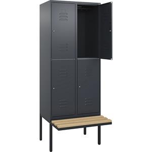 C+P Kledingkast Classic PLUS met twee verdiepingen en zitbank, 2 compartimenten, grijs, b = 800 mm, cilinderslot, vrijdragend, beuken-hardhout
