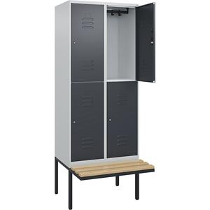 C+P Kledingkast Classic PLUS met twee verdiepingen en zitbank, 2 compartimenten, lichtgrijs / grijs, b = 800 mm, cilinderslot, vrijdragend, beuken-hardhout