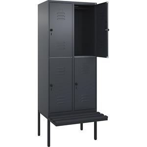 C+P Kledingkast Classic PLUS met twee verdiepingen en zitbank, 2 compartimenten, grijs, b = 800 mm, veiligheidsdraaigrendel, vrijdragend, kunststof