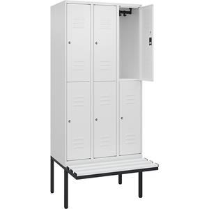 C+P Kledingkast Classic PLUS met twee verdiepingen en zitbank, 3 compartimenten, verkeerswit, b = 900 mm, cilinderslot, vrijdragend, kunststof