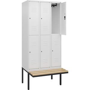 C+P Kledingkast Classic PLUS met twee verdiepingen en zitbank, 3 compartimenten, verkeerswit, b = 900 mm, cilinderslot, vrijdragend, beuken-hardhout