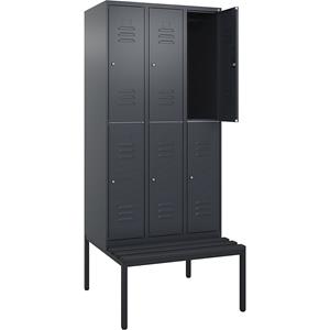 C+P Kledingkast Classic PLUS met twee verdiepingen en zitbank, 3 compartimenten, grijs, b = 900 mm, cilinderslot, ondergebouwd, kunststof