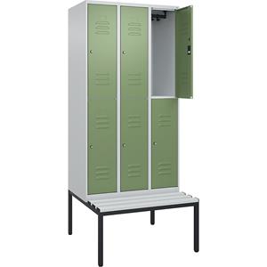 C+P Kledingkast Classic PLUS met twee verdiepingen en zitbank, 3 compartimenten, lichtgrijs / resedagroen, b = 900 mm, cilinderslot, ondergebouwd, kunststof