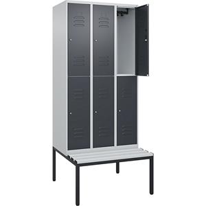 C+P Kledingkast Classic PLUS met twee verdiepingen en zitbank, 3 compartimenten, lichtgrijs / grijs, b = 900 mm, cilinderslot, ondergebouwd, kunststof