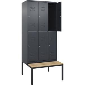 C+P Kledingkast Classic PLUS met twee verdiepingen en zitbank, 3 compartimenten, grijs, b = 900 mm, cilinderslot, ondergebouwd, beuken-hardhout