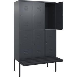 C+P Kledingkast Classic PLUS met twee verdiepingen en zitbank, 3 compartimenten, grijs, b = 1200 mm, cilinderslot, vrijdragend, kunststof